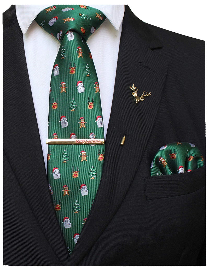 JEMYGINS Festival Silk Necktie Green Santa Claus Snowman Christmas Tie and Pocket Square with Tie Clip and lapel pin Set(5) - Image 1